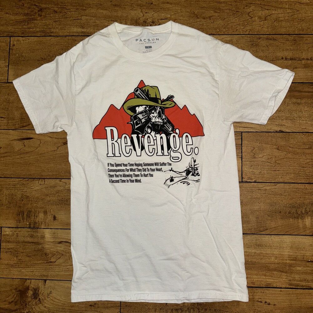 Pacsun Revenge T-Shirt Small Cowboys Skull And Guns White 16.5x26